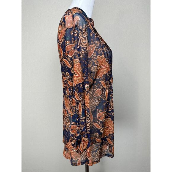 PerSeption Concepts XL Navy Blue Orange Button front V-neck Sheer Blouse Top - Picture 6 of 15